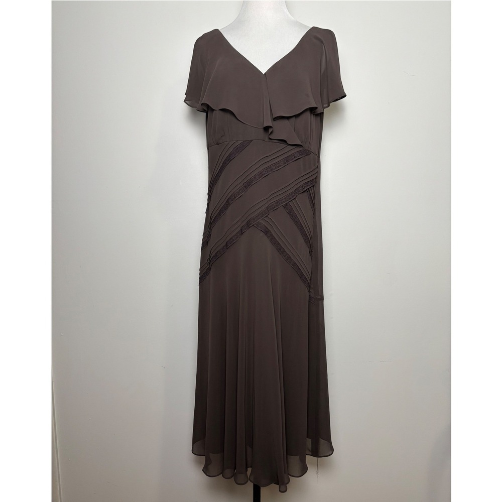 Liz Claiborne Womens Flutter Sleeve Midi Dress 16 Brown Earthy Forest Fairy